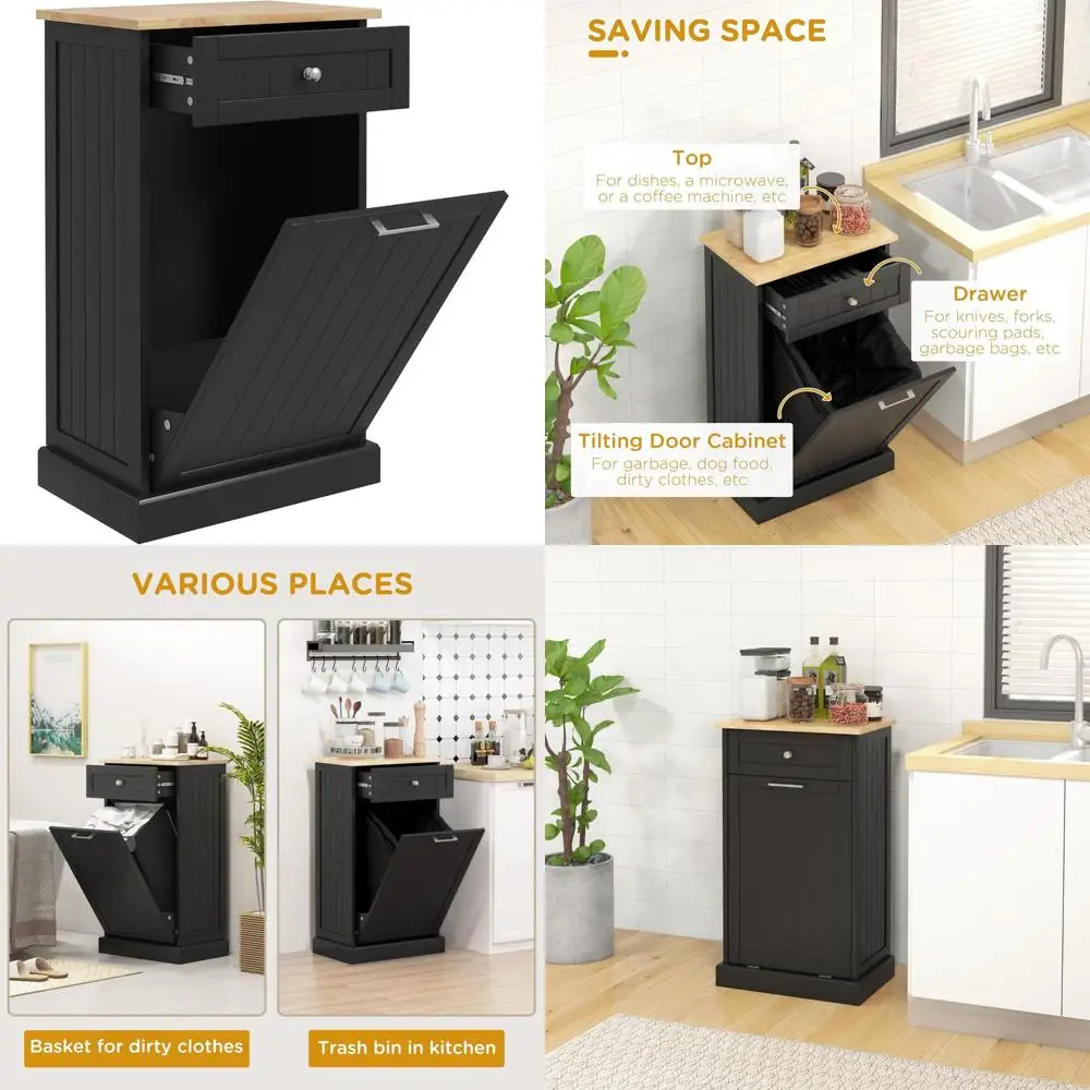 

Freestanding Kitchen Trash Bin Cabinet with Tilt-Out Drawer and Recycling Storage, Black, Large Capacity