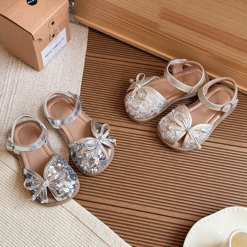 

Children's Closed-toe Sandals 2025 Summer New Sequin Bow Girls' Princess Shoes Soft Bottom Anti Slip Baby Kid Casual Beach Shoes
