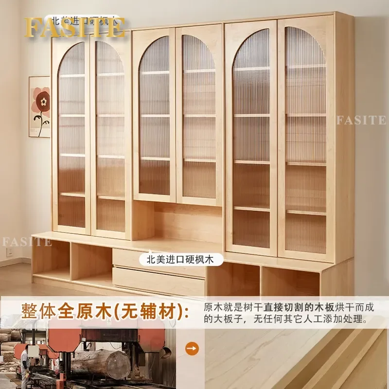 For Living Room Hard Maple Log Display Cabinet with Glass Door Full Wall Bookcase Floor Card Seat Solid Wood Storage