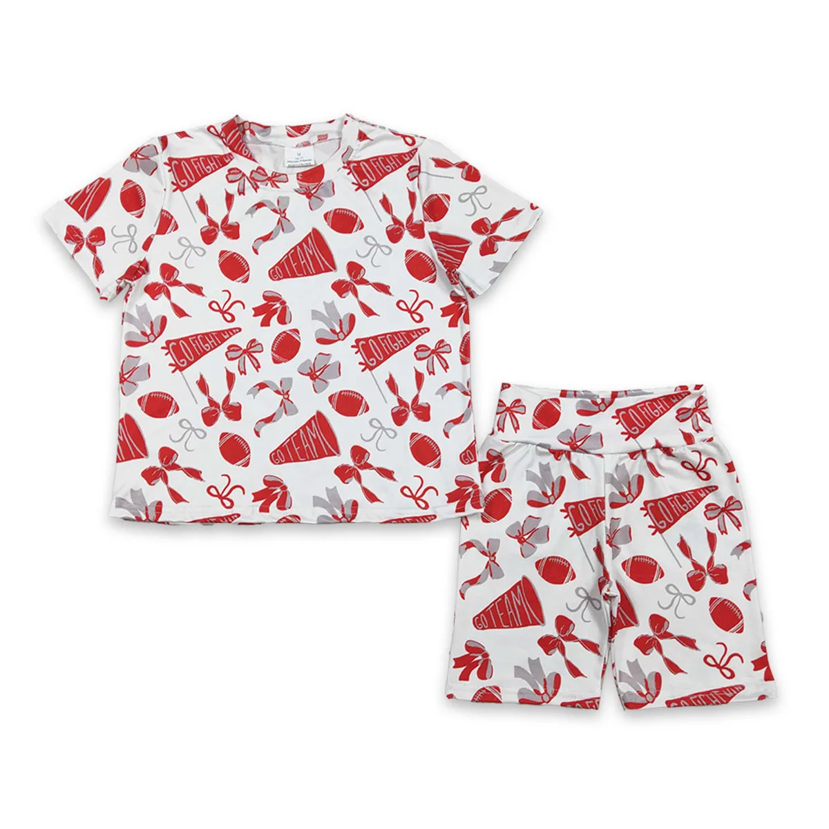 Baby Girl Short Sleeve Red Grey Bow Footballs Tops Go Team Shorts Toddler Pajamas Set Cute Comfortable Loungewear 2Pcs Sets