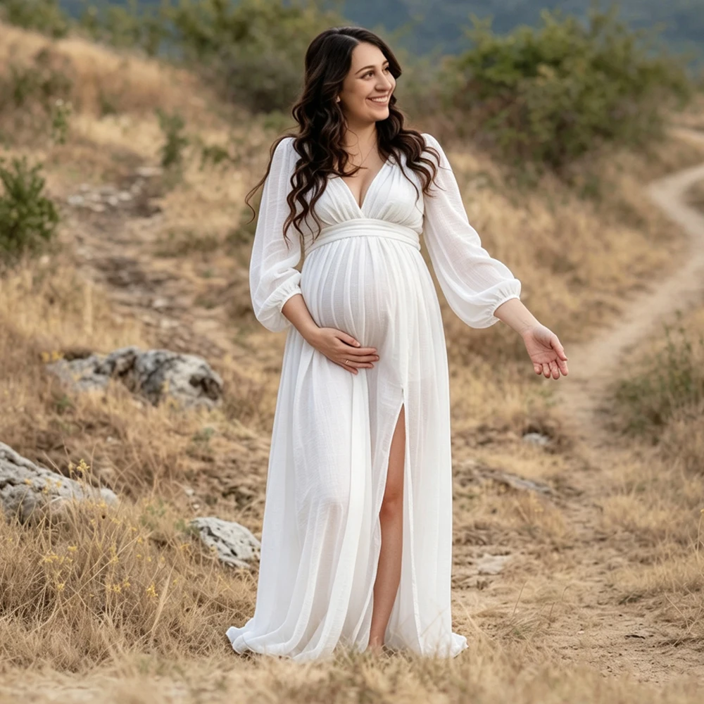 Crinkled Cotton Gauze Maternity Maxi Dress Deep V Neck  Pregnancy Gown Elegant Pregnant Outfit for Photography & Baby Shower