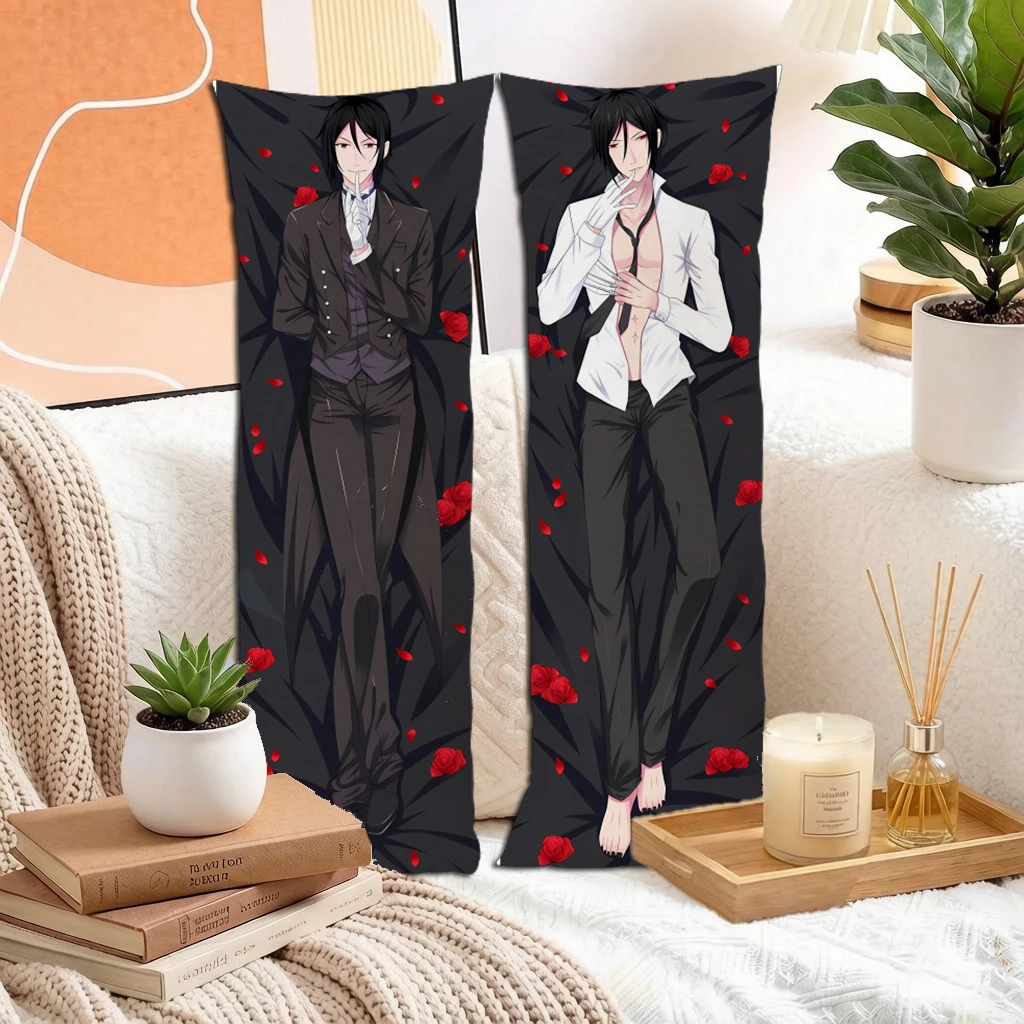 Anime Black Hair Red Eyes Tailcoat Butler Boy Dakimakura Pillowcase Double Sided Long Body Pillow Cover Peach Skin 2way
