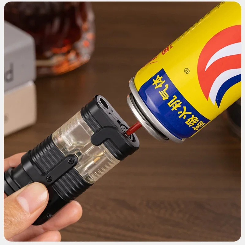 Metal Windproof Triple Jet Flame Gas Cigar Lighter Transparent Fuel Tank High Temperature Spray Gun Cigar Cutter Lighter