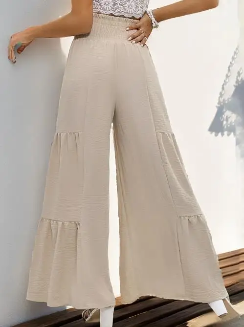 

Women's Pants 2025 Spring Summer New Solid Color Casual Elastic Waist Pants High Waisted Lace Up Loose Flared Pants for Women