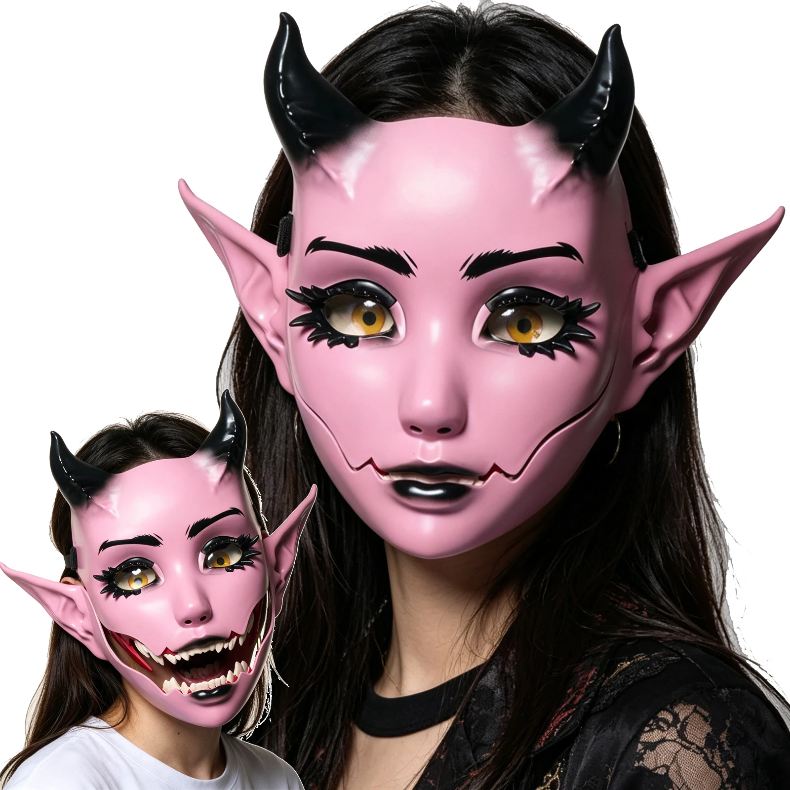 Halloween Rosa Teufelsmaske mit Beweglichem Kiefer, Dämonenmaske, Cosplay Anime Gehörnte Kobold-Gesichtsmaske, Party-Kostüm-Requisiten für Erwachsene