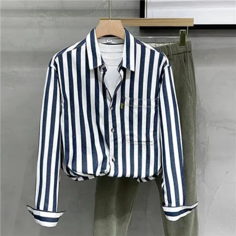 High Street Loose Striped Blouse Men's Spring Autumn Long Sleeve Polo Neck Vintage Shirt Tops Fashion Smart Casual Men Clothing