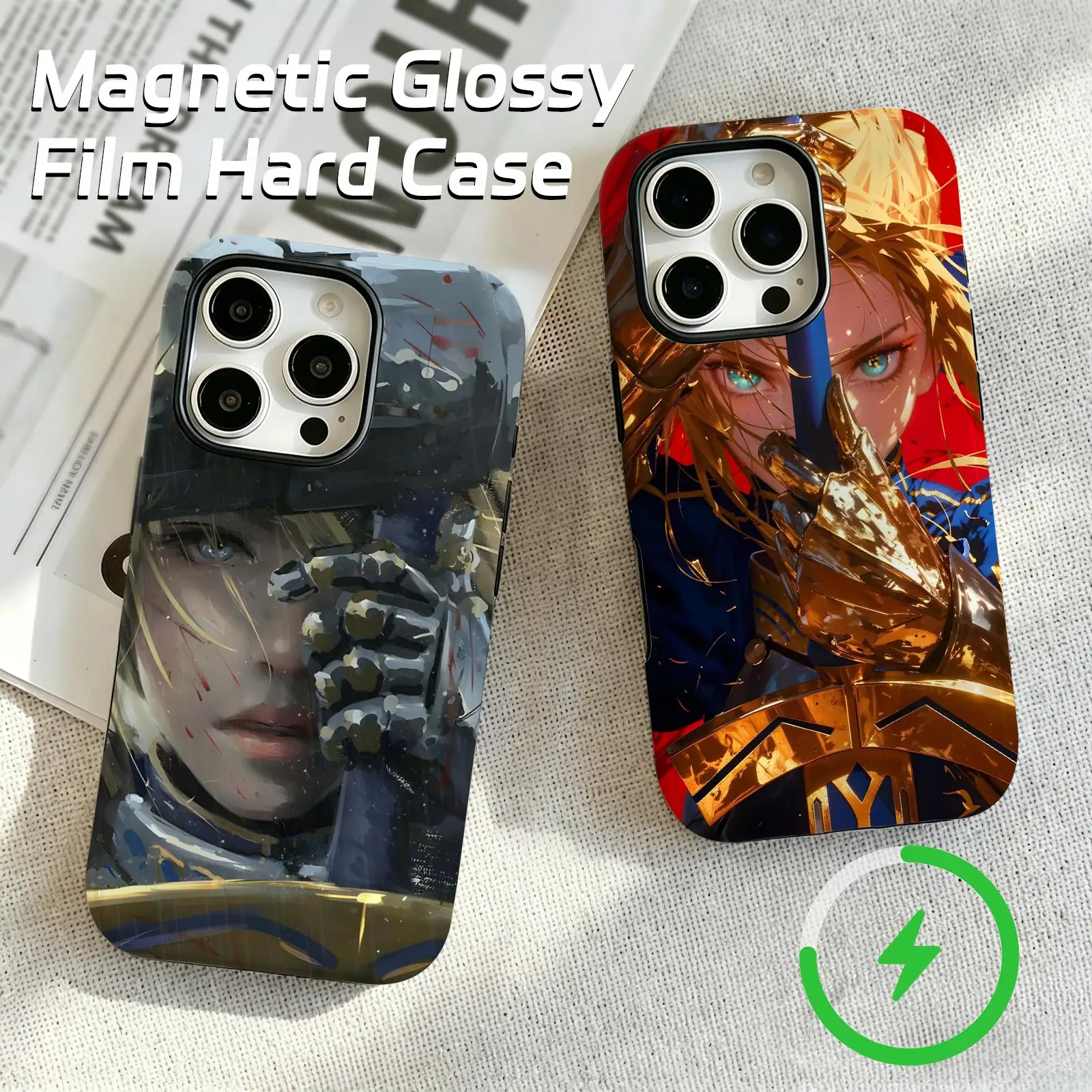 Coque de téléphone Anime Fate Saber pour iPhone 17 16 16e 15 14 13 12 Plus Pro Max, coque magnétique brillante