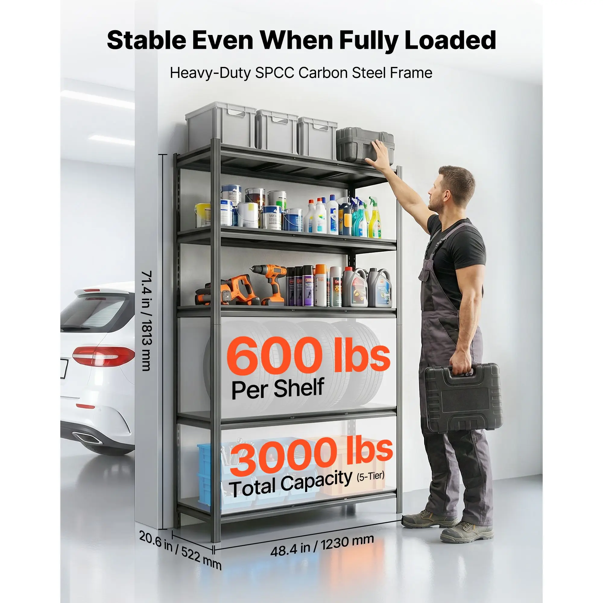 Storage Shelves, 5-Tier Adjustable, 3000 lbs Capacity, Heavy Duty Garage Unit, Metal Utility Rack Shelf, for Workshop Warehouse