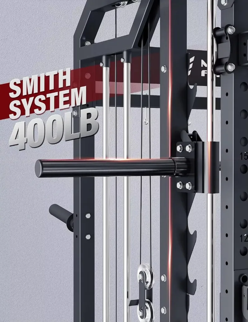 Smith Machine Home Gym Squat Rack Pulley Bar Dual LAT Pull-Down Cable Crossover Full Body Workout