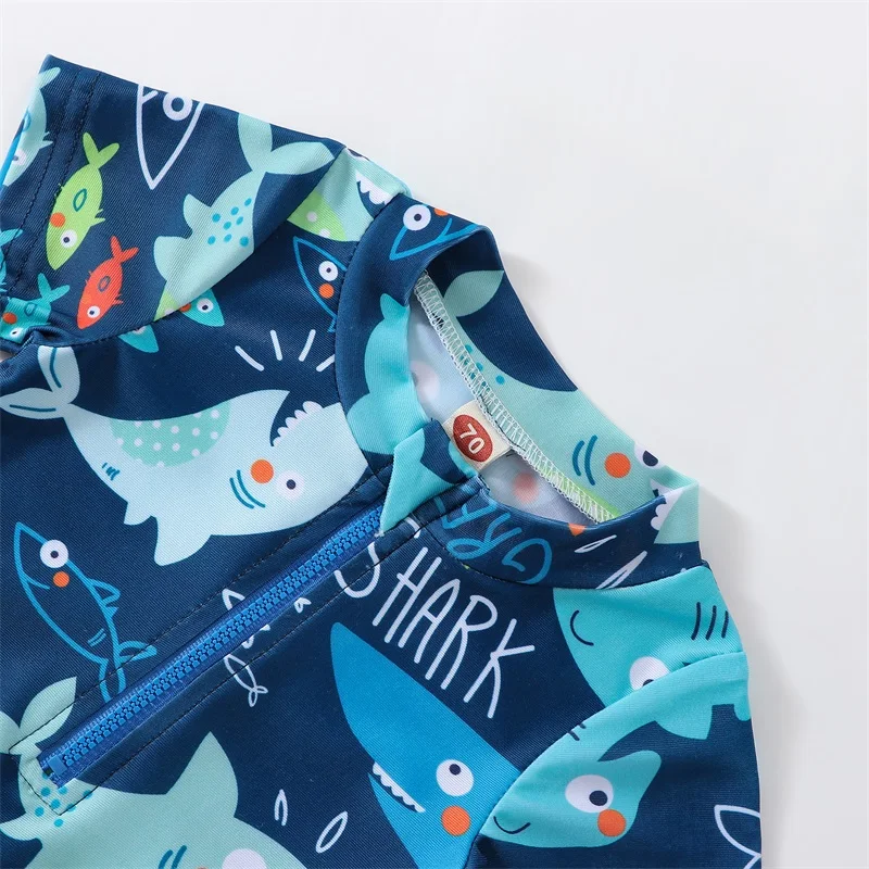 Newborn Baby Infant Boys Swimsuit Cartoon Shark Print Short Sleeve Round Neck Half Zipper Bathing Suit Swimwear Beachwear