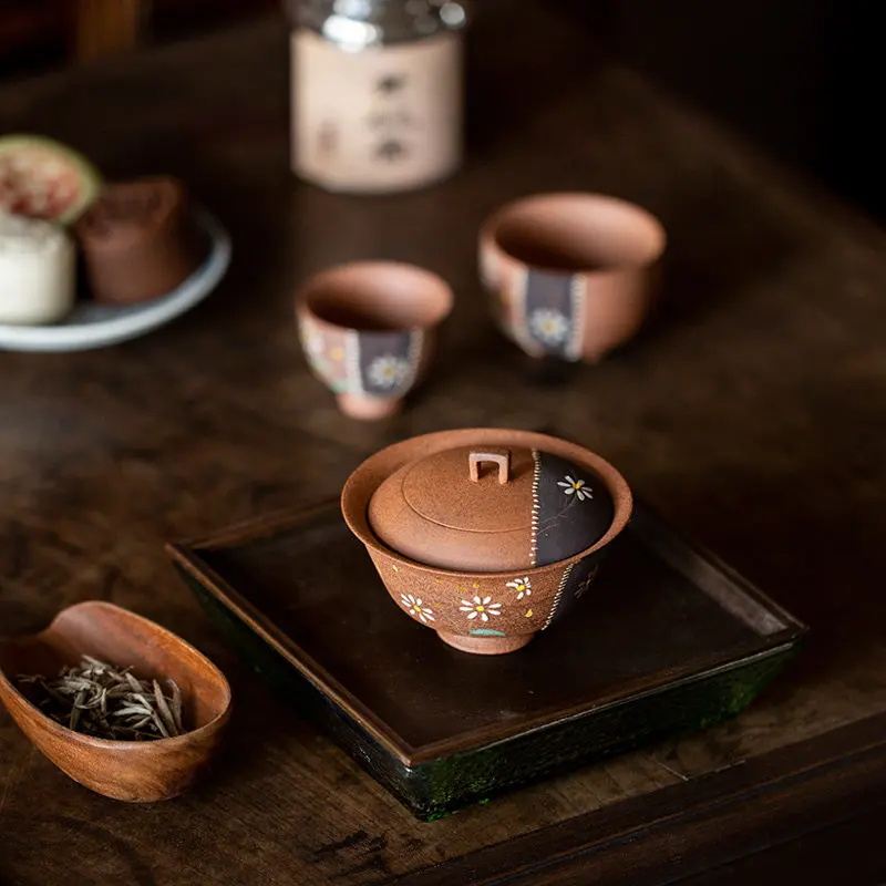 Handmade Old Rock Clay Gaiwan, Rustic Ceramic Lidded Tea Bowl for Personal Brewing, Guest Service and Relaxed Tea Sessions