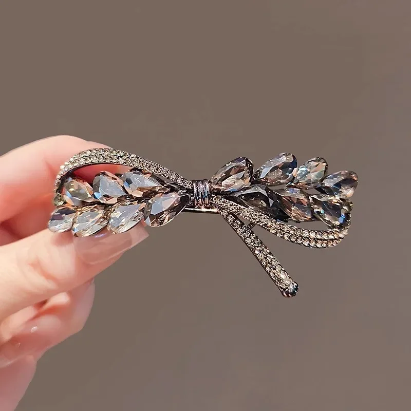 

Заколка для волос с черным кристаллом и стразами и бантом, пружинная заколка, высококачественная заколка для волос на затылке, завязка на голову для мамы, аксессуары для волос в корейском стиле