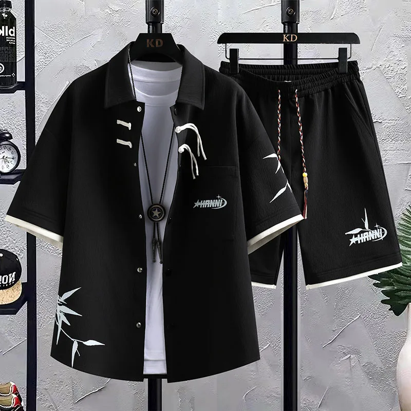 Summer New men\'s Printed Shirt Sets High quality Fashion Trend Shirt Shorts 2Piece Suit