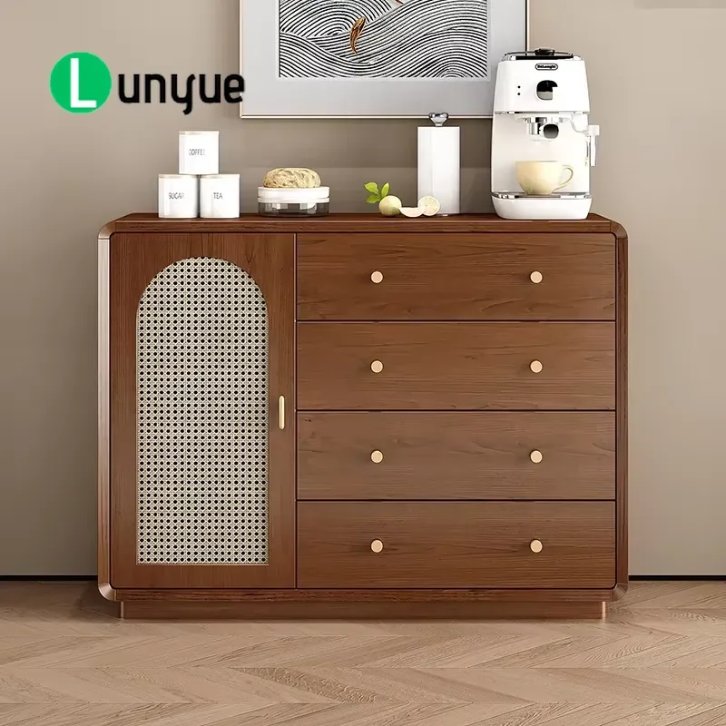 Waterproof PE Rattan Wooden Buffet Cabinet Medieval Style 2 Layer Sideboard with Drawers Coffee Bar Storage Locker for Living