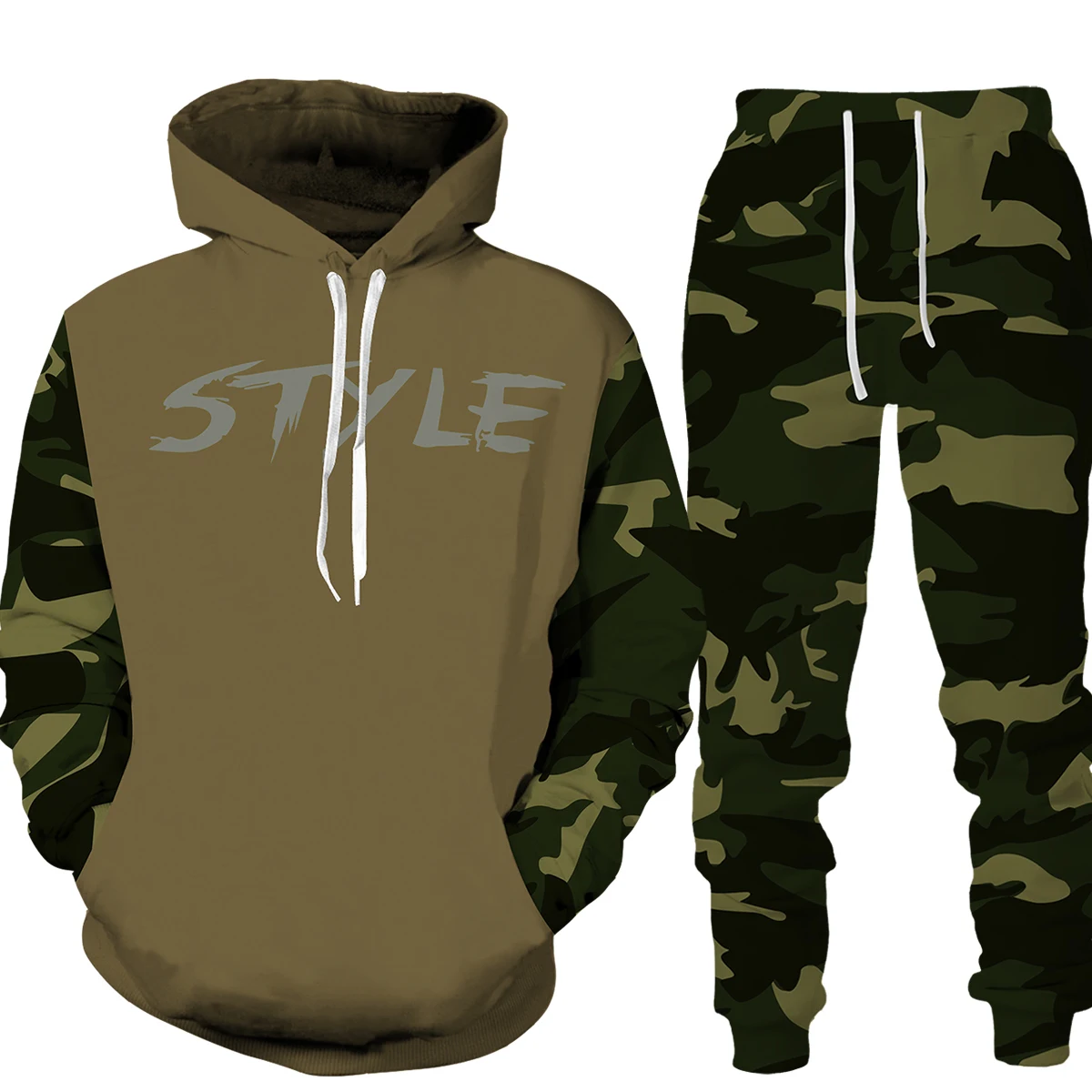 Outono treino conjunto de duas peças dos homens caça pesca com capuz retro jogging terno grande porte streetwear camuflagem 3d cor roupas