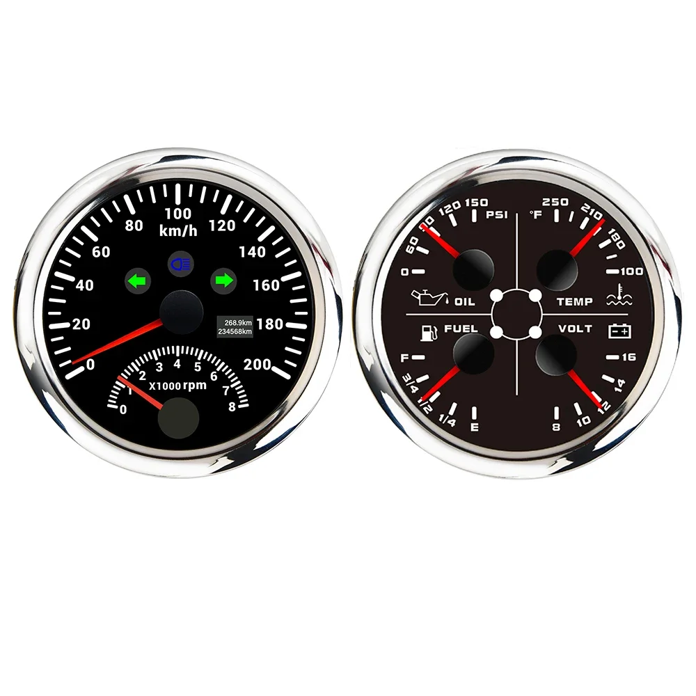 4 in 1 Oil Press Water Temp Fuel Level Voltmeter Gauge With 0-120MPH 200kmh GPS Speedometer Tachometer Speed Gauge for Car Boat