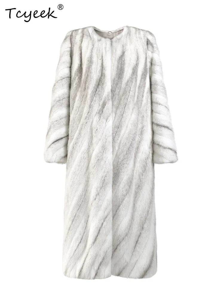 Tcyeek Abrigo de Piel de Visón Natural Entera para Mujer, Ropa de Invierno, Abrigo de Visón Cruzado de Piel Auténtica para Mujer, Abrigos de Moda Cálidos por Encima de la Rodilla, Casaco Feminino