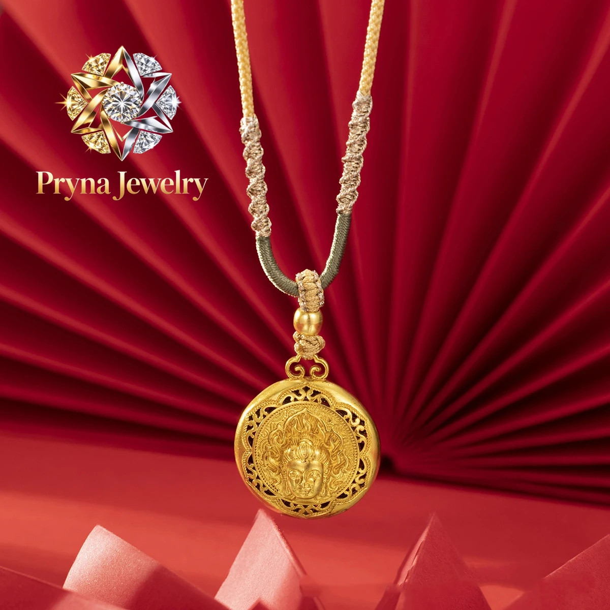 Pryna Jewelry   Luxury design 24K real gold Buddha head eight treasure compass pendant men and women necklace au999 pure gold fi