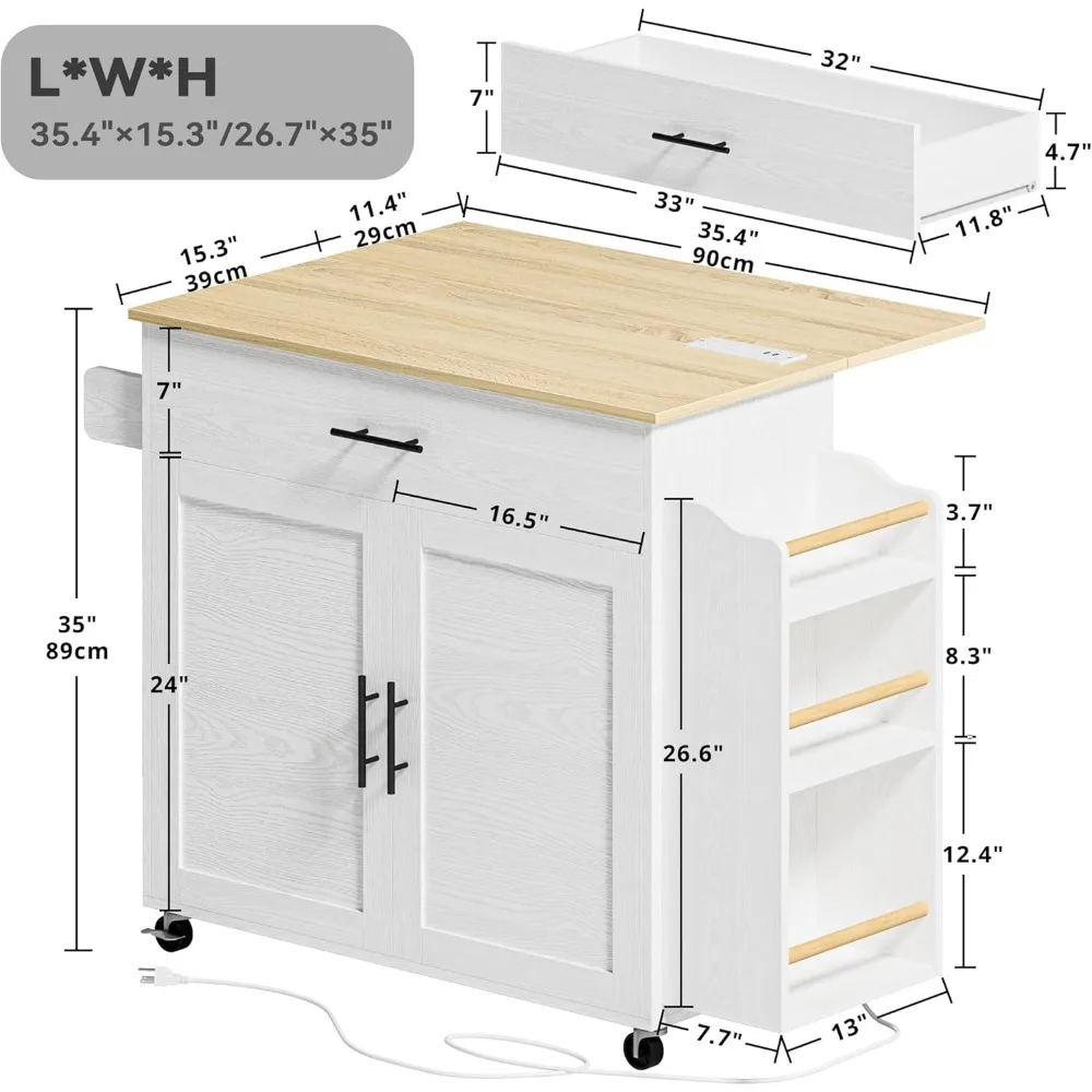 Kitchen Cabinets Kitchen Island with Storage Device, Wheeled Rolling Kitchen Island with Fallen Leaves, 3 Open Spice Racks