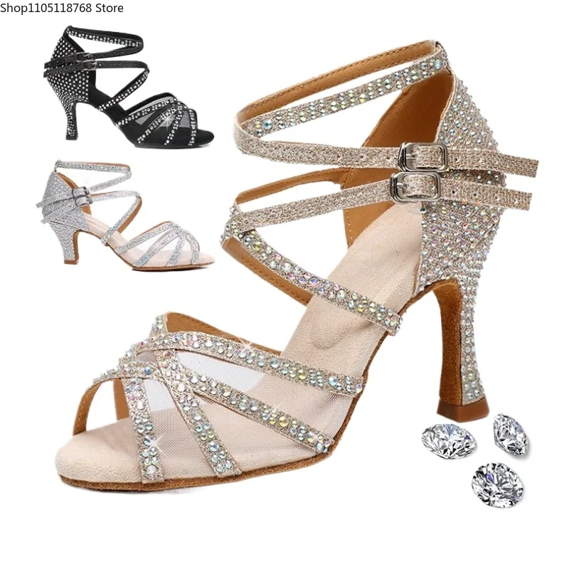 

Latin Dance Shoes Women High Heels Diamond-encrusted Sandals Indoor Soft-soled Stage Game Party Social Ballroom Girl