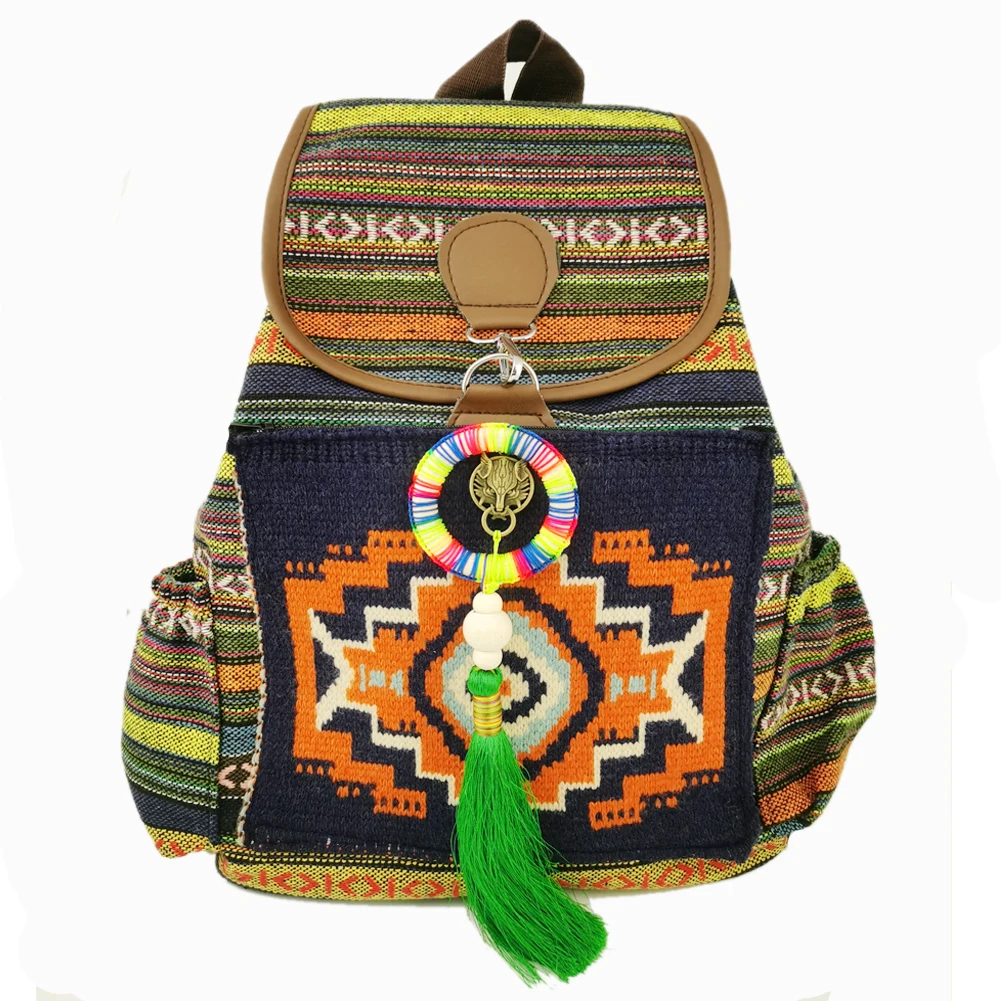 Tribal Vintage Hippie Colorful Travel Backpack Bag For Women Embroidery Pom Charm Hmong Ethnic Bohemian Boho Rucksack SYS-593