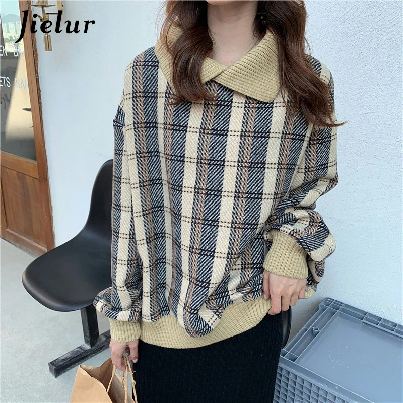 Patchwork Lapel Plaid Hoodies Women Loose Apricot All-match Sweatshirt Winter Black Hooded Pullover Long Sleeve Femme Top