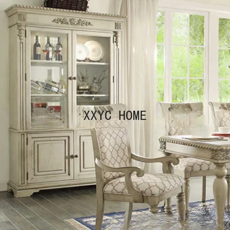

American solid wood dining side cabinet custom furniture dining room log oak retro old carved four-door locker