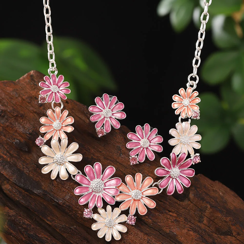 Women's Multi Color Daisy Enamel Necklace Earring Set