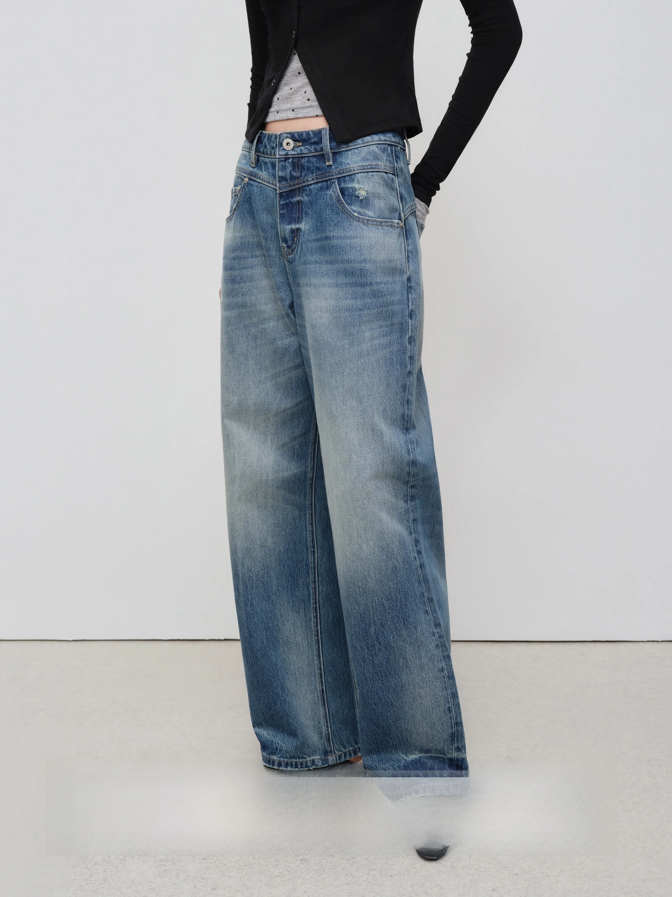 

Прямые джинсы с синей талией и цветочной вышивкой в стиле ретро, женские осенне-зимние широкие брюки из хлопка с талией, без стрейч