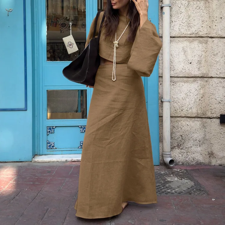 Loose Fit Pure Color Top High Waist Midi Skirt Two Piece Set Faion Temperament Women's Autumn Wear Casual Comfortable Sle