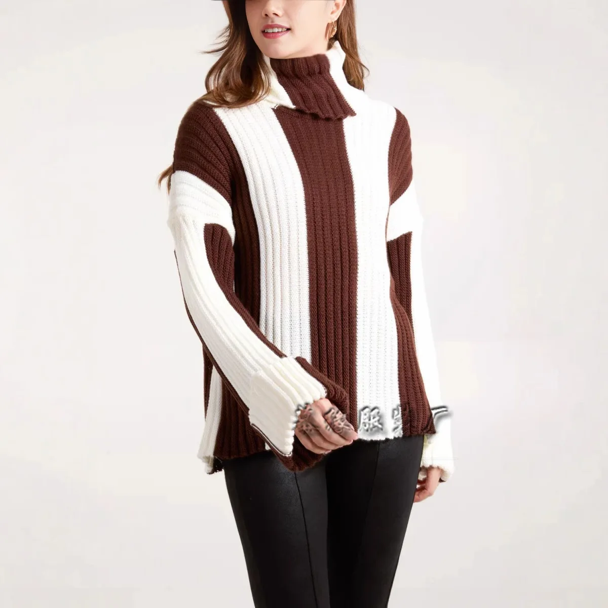 

2025 Autumn Winter New Women's Striped Knitting Sweater Patchwork High Neck Long-Sleeve Warm Pullover