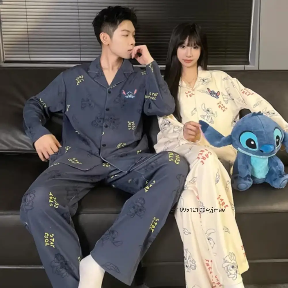 

Anime Stitch Couple's Pajamas Cartoon Spring New Cotton Lapel Long-Sleeved Men's Women's Pajamas Cartoon Casual Loungewear Set