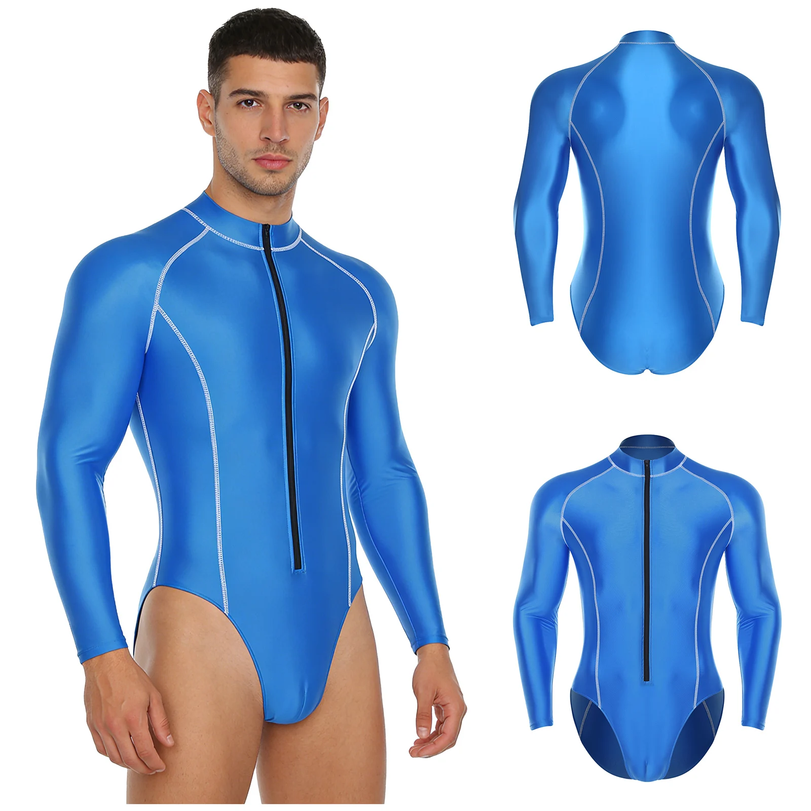 Men Glossy Bodysuit Swimwear Rash Guard Wetsuit Long Sleeve Zipper Jumpsuit for Beach Surfing Swimming Sports Fitness Workout