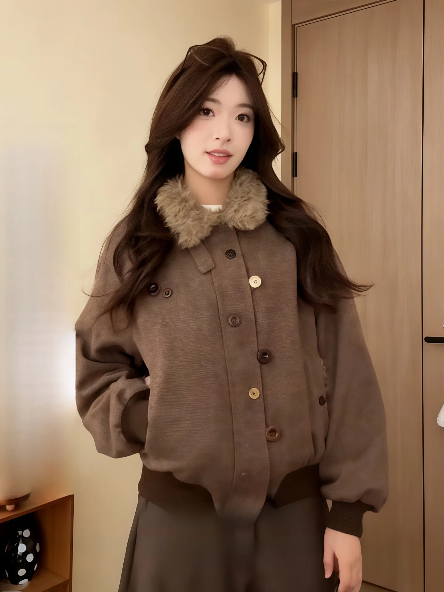 

Американское ретро-пальто из коричневого меха ягненка, утепленное, для мужчин и женщин, зимняя теплая верхняя одежда, модное, для повседневной носки, с длинными рукавами