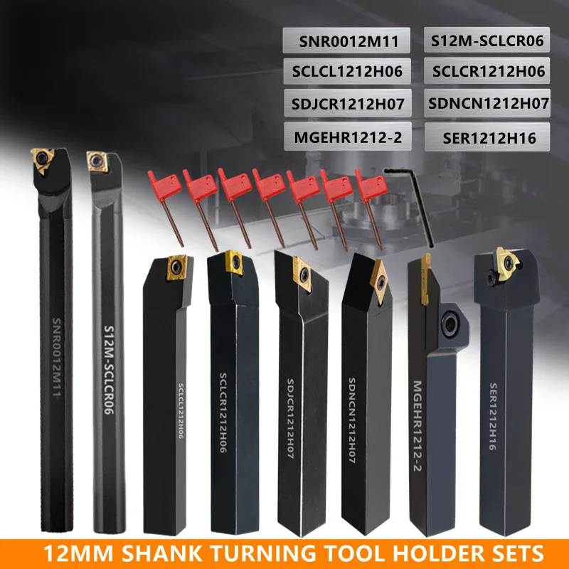 8Sets of 12MM CNC Lathe Turning Tool Holder Boring Bar with Applicable Inserts and Wrenches Set for Turning Threading