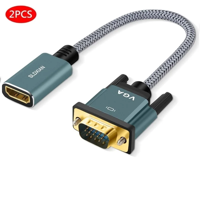 VGA to HDMI adapter cable, HDMI female to VGA male extender supports 720P/1080P, desktop computer monitor, projector（2pcs）