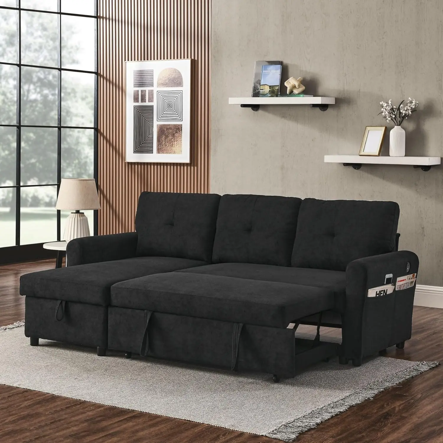 

Reversible Pull Out Sofa Couch with Storage Chaise & USB Type-c Charging Ports L-Shaped Sofa Bed for Living Room, Office