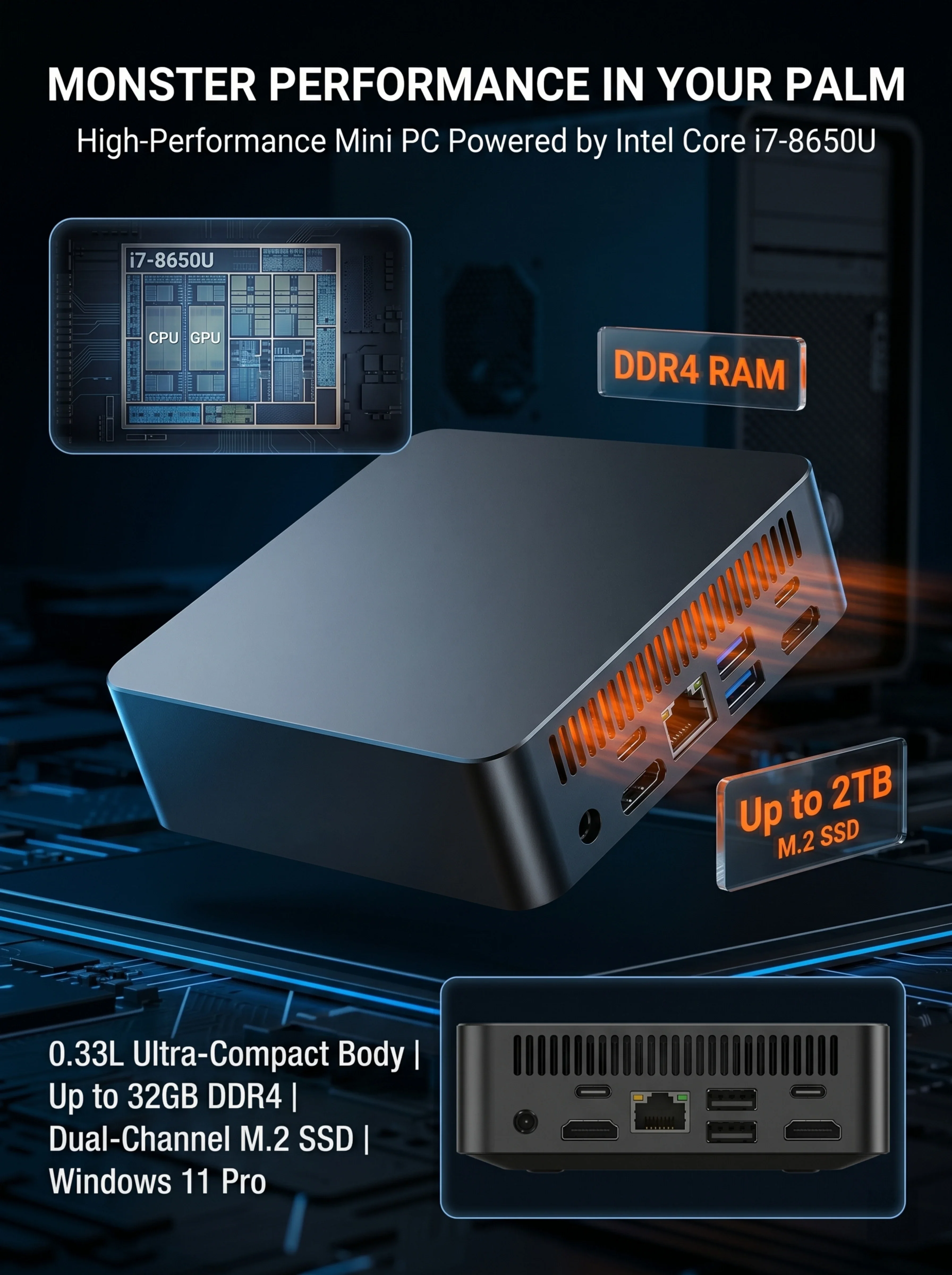 2026 New Intel Core I7 8650U Mini PC Windows 11 Pro 32GB+2TB Ultra Compact Silent Desktop Computer Dual HDMI Business Office