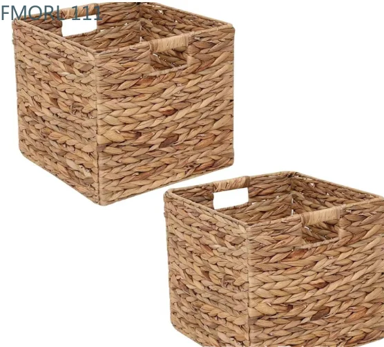 Foldable Handwoven Water Hyacinth Storage Baskets Wicker Cube Rectangular Laundry Organizer Totes,1pcs