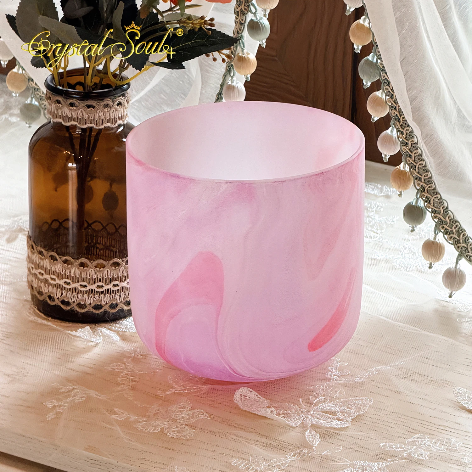 Crystal Soul Exclusive Design of pink ReiKi Frosted Crystal Bowl Source Factory Supports Customization