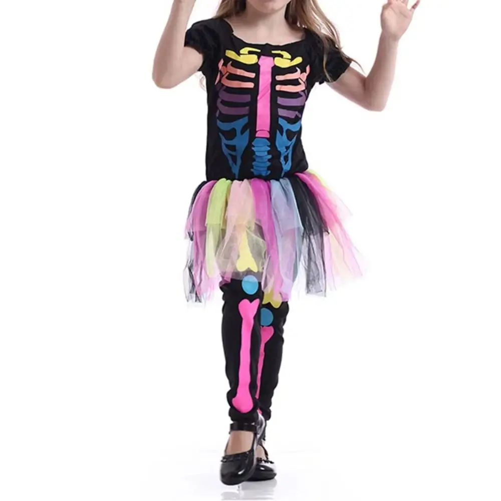 Personality Novelty Kids Halloween Costume Outfit Colourful Girl Rainbow Skeleton Costume Fashion Cosplay Party Supplies