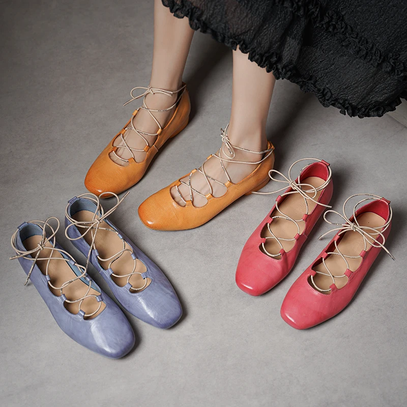 ماري جينس نساء جلد الحصان شريط مرن ساحة تو الضحلة الشقق فستان صيفي أحذية السيدات اليدوية