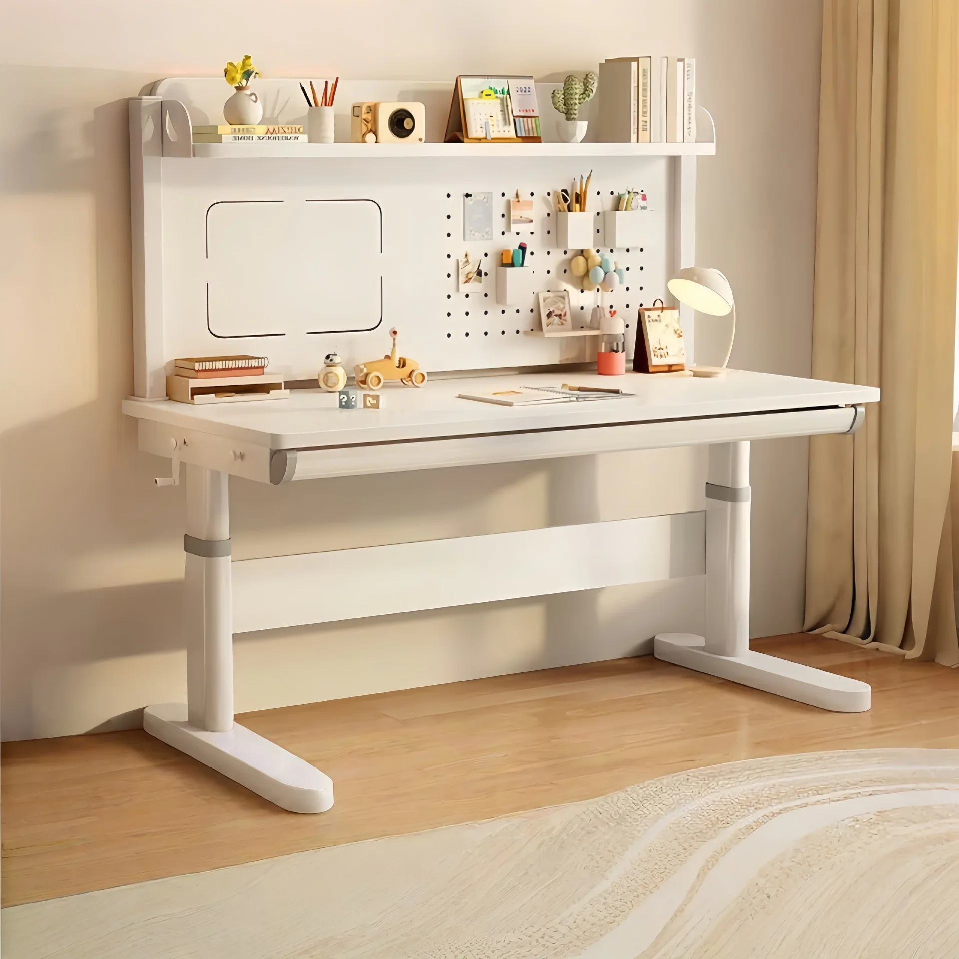 Study table Household large white table Study table and chair set Manual lifting solid wood desk
