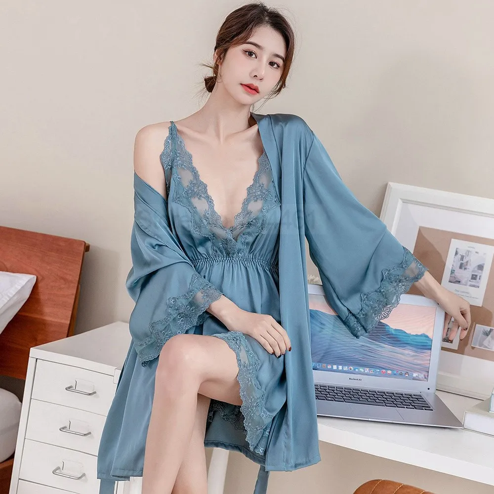 Lace Sleepwear With Sexy Suspender Nightdress Satin Robe Suit Women Rayon Bridal Wedding Two-pieces Sleep Set Summer Nightwear