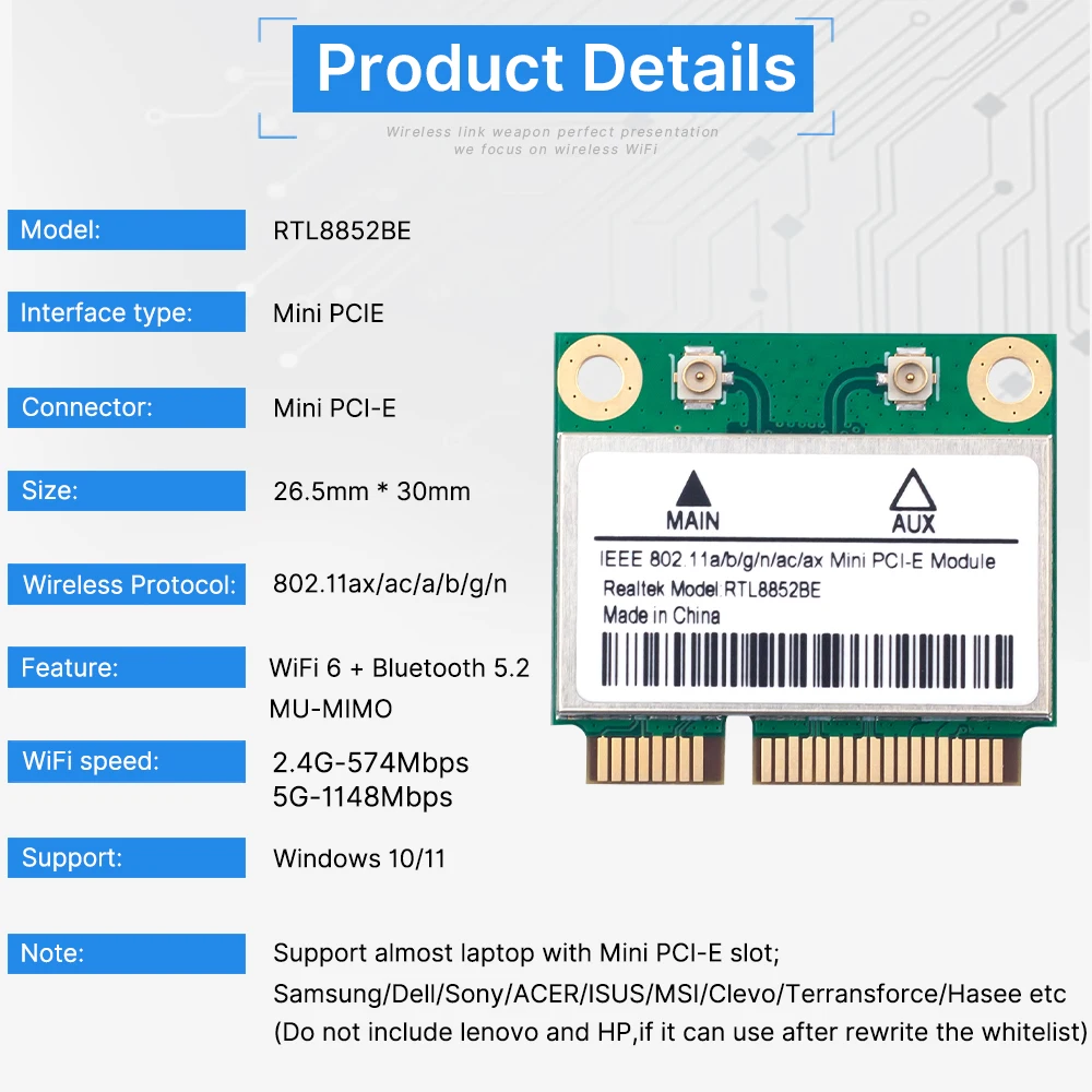 RTL8852BE WiFi 6 مجموعة هوائي بطاقة الشبكة 1800Mbps BT 5.2 ثنائي النطاق لاسلكي MiniPCIe 802.11ax 2.4G/5 جيجا هرتز MU-MIMO لنظام التشغيل Windows 10 #6