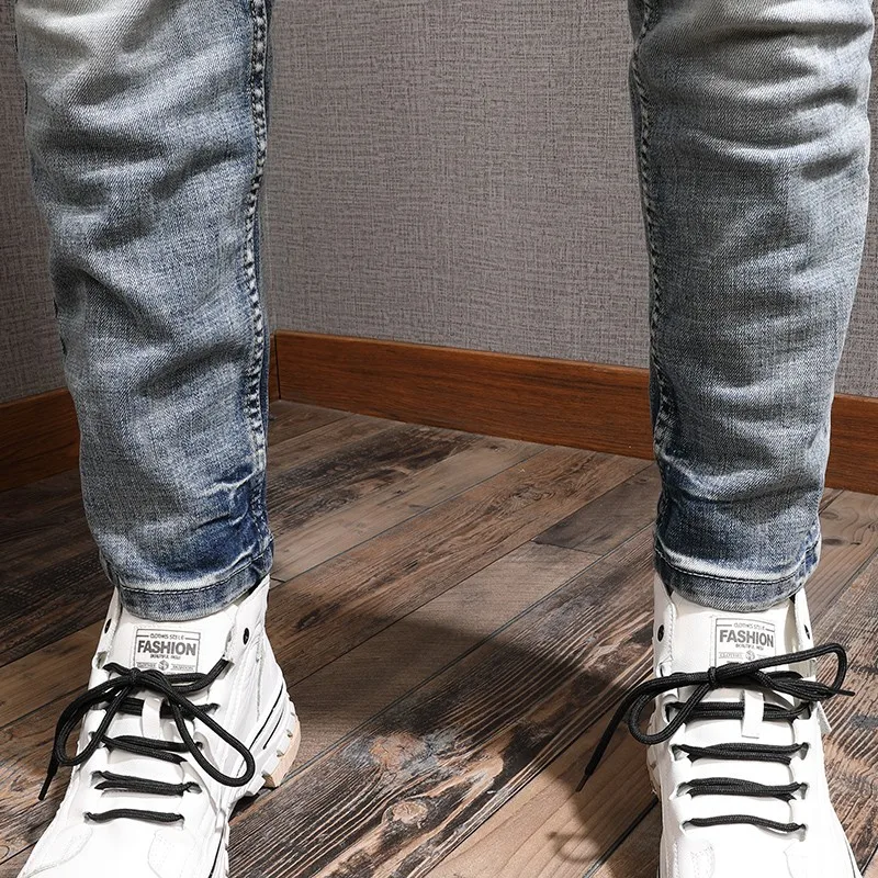 Newly Designer Fashion Men Jeans Retro Washed Blue Stretch Slim Fit Ripped Jeans Men Y2K Vintage Casual Denim Pants Hombre