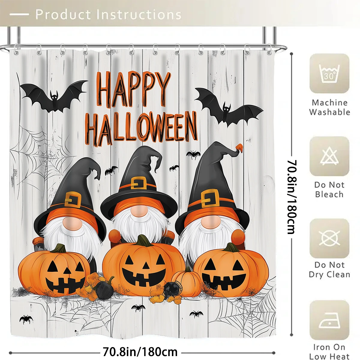 Halloween 1/4PCcartoon pumpkin bat shower curtain set waterproof shower curtain and waterproof non-slip carpet,12 hooks included