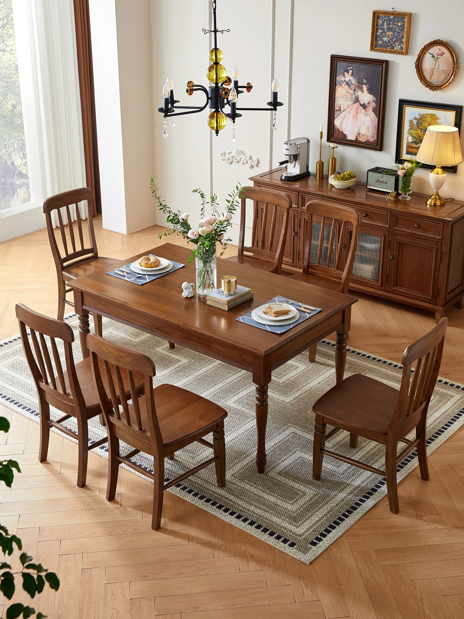 LTT American all-solid wood dining table and chairs household retro furniture log art old book table and chairs