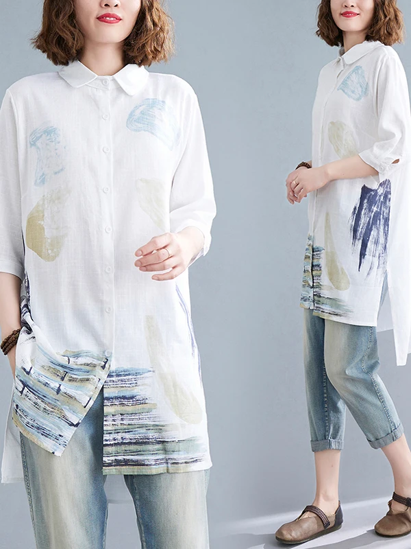 

Summer New Loose Linen Casual irt Turn-down Collar Middle-length Artistic Sle ort-sved Women's Top Faion Commute