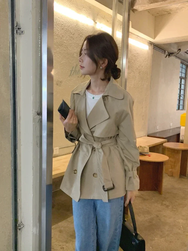 

Spring/Autumn New Korean Fashion Waist Slimming Lace Up Jacket for Women Double Breasted Mid Length Trench Coat Women Clothing